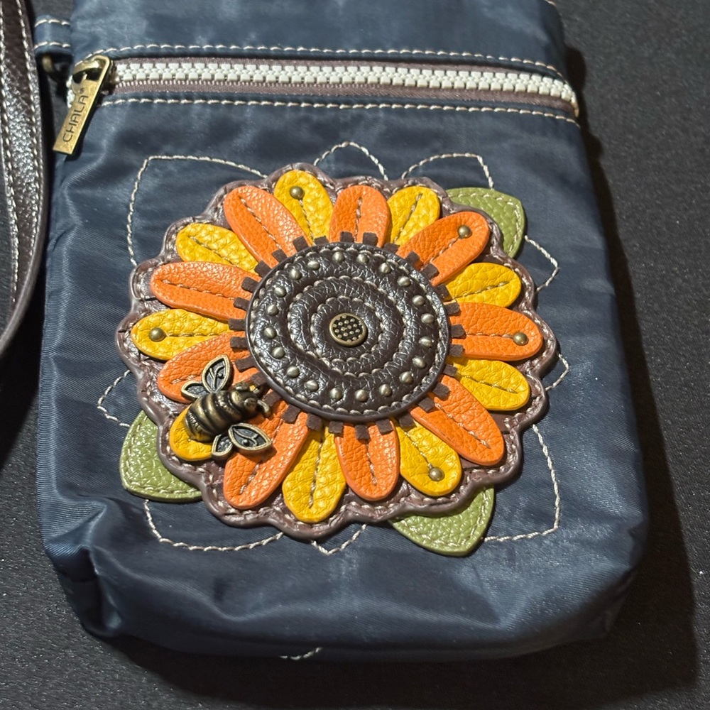 CHALA Navy Blue Sunflower & Bee RFID Cellphone Crossbody Purse Adj Strap - Picture 2 of 7